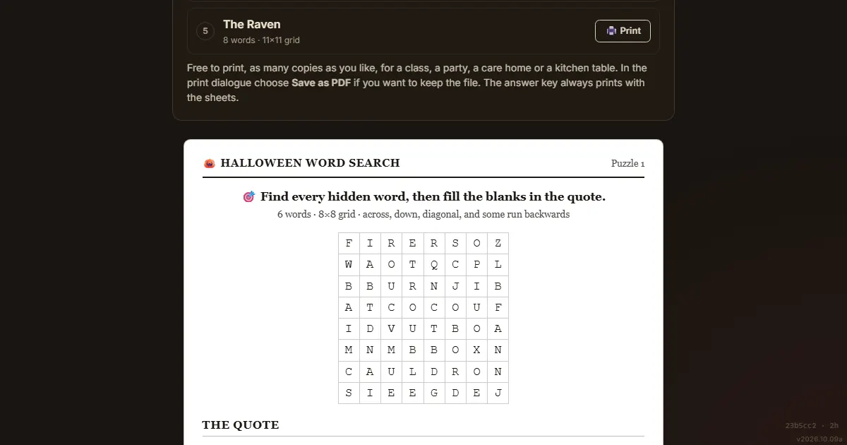 A printable Halloween word search from bossfeed.fun, with its grid and quote to complete