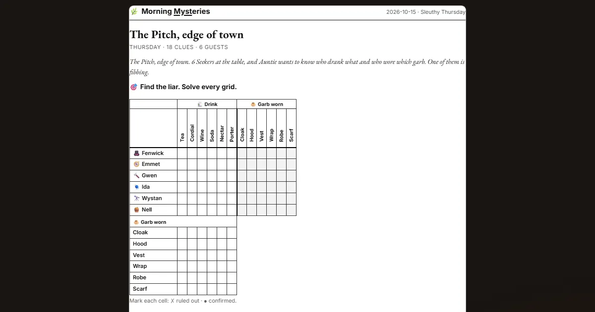 A printable Morning Mystery logic grid with its clues