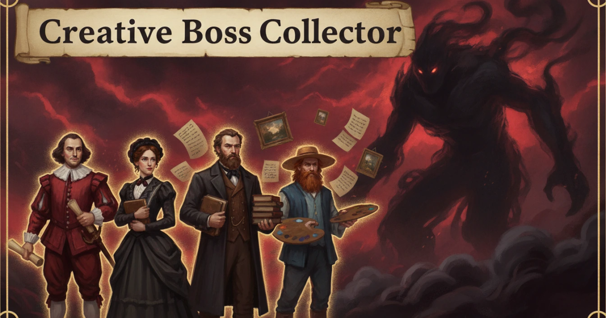 Creative Boss Collector: four hero cards, Shakespeare, a novelist, a writer and a painter, facing a towering shadow boss