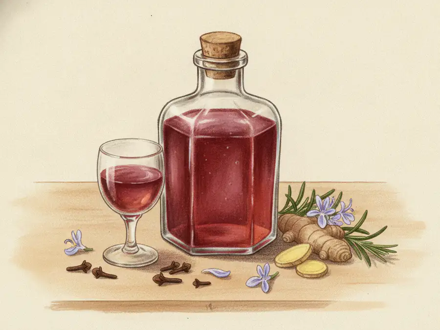 Cloves, Ginger and Rosemary Flowers Infused in Wine — illustration