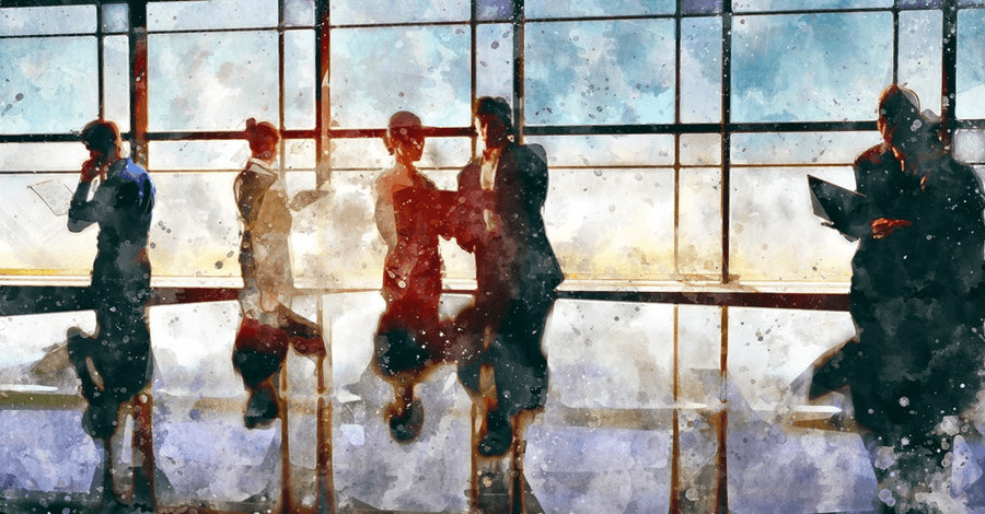 Watercolour of office workers silhouetted against a wall of bright conference-room windows